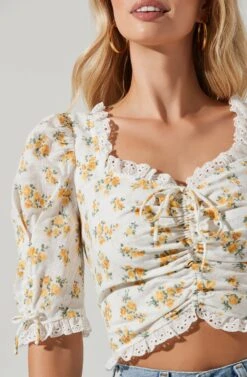 Printed Floral Linen Cinched Top 10 Printed Floral Linen Cinched Top -Astr The Label Shop AT17214 WHITEYELLOWFLORAL 00671