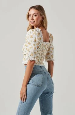 Printed Floral Linen Cinched Top 13 Printed Floral Linen Cinched Top -Astr The Label Shop AT17214 WHITEYELLOWFLORAL 00731