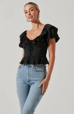 Satin Bubble Sleeve Top -Astr The Label Shop AT17259 BLACK 2