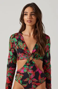 Kiara O-Ring Cutout Long Sleeve Bodysuit -Astr The Label Shop AT17321 BLACKFLORAL 3