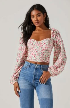 Floral Tie Shoulder Long Sleeve Top