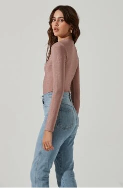 Lace Up Front Long Sleeve Bodysuit -Astr The Label Shop AT17444 PINKSHIMMER 5