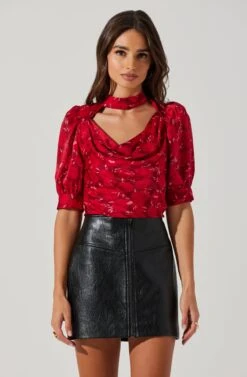 Floral Mock Neck Cowl Drape Top -Astr The Label Shop AT17510 REDFLORAL 2