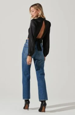 Long Sleeve Mock Neck Open Tie Back Top -Astr The Label Shop AT17512 BLACK 5