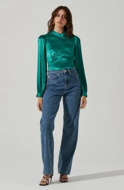 Long Sleeve Mock Neck Open Tie Back Top -Astr The Label Shop AT17512 GREEN 1