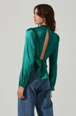 Long Sleeve Mock Neck Open Tie Back Top -Astr The Label Shop AT17512 GREEN 4