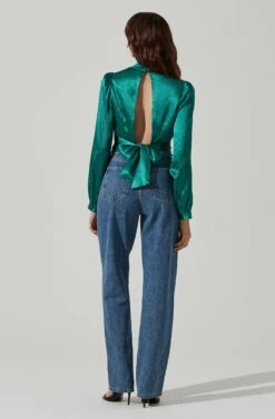 Long Sleeve Mock Neck Open Tie Back Top -Astr The Label Shop AT17512 GREEN 5