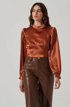 Long Sleeve Mock Neck Open Tie Back Top -Astr The Label Shop AT17512 RUST 2