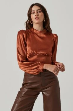 Long Sleeve Mock Neck Open Tie Back Top -Astr The Label Shop AT17512 RUST 3
