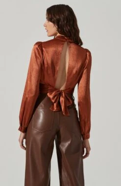 Long Sleeve Mock Neck Open Tie Back Top -Astr The Label Shop AT17512 RUST 4