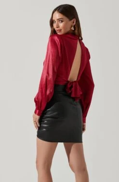 Long Sleeve Mock Neck Open Tie Back Top -Astr The Label Shop AT17512 WINE 3