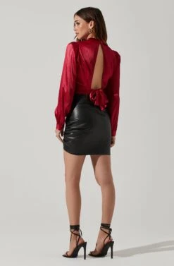 Long Sleeve Mock Neck Open Tie Back Top -Astr The Label Shop AT17512 WINE 4