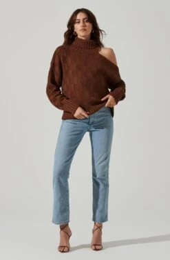 Mock Neck Cutout Sweater -Astr The Label Shop AT17528 BROWN 1