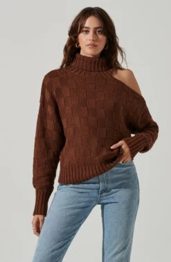 Mock Neck Cutout Sweater -Astr The Label Shop AT17528 BROWN 3
