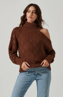 Mock Neck Cutout Sweater -Astr The Label Shop AT17528 BROWN 4