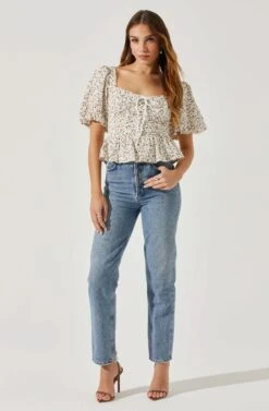 Bubble Sleeve Front Tie Floral Top -Astr The Label Shop AT17530 RUSTWHITEDITSY 2