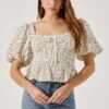 Bubble Sleeve Front Tie Floral Top -Astr The Label Shop AT17530 RUSTWHITEDITSY 3