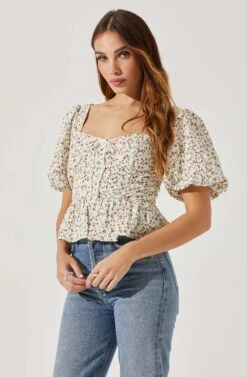 Bubble Sleeve Front Tie Floral Top -Astr The Label Shop AT17530 RUSTWHITEDITSY 4