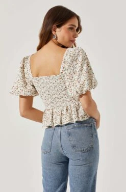 Bubble Sleeve Front Tie Floral Top -Astr The Label Shop AT17530 RUSTWHITEDITSY 6