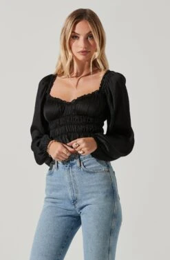 Rowan Satin Peplum Hem Long Sleeve Top 19 Rowan Satin Peplum Hem Long Sleeve Top -Astr The Label Shop AT17542 BLACK 3