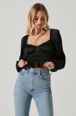 Rowan Satin Peplum Hem Long Sleeve Top 20 Rowan Satin Peplum Hem Long Sleeve Top -Astr The Label Shop AT17542 BLACK 4