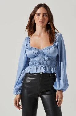Rowan Satin Peplum Hem Long Sleeve Top 25 Rowan Satin Peplum Hem Long Sleeve Top -Astr The Label Shop AT17542 BLUE 2