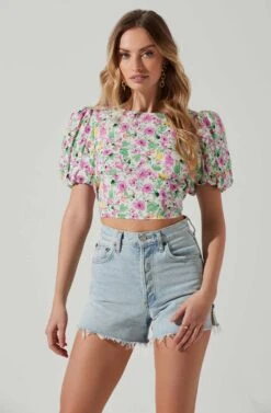 Floral Bubble Sleeve Tie Back Top -Astr The Label Shop AT17725 PINKGREENFLORAL 3