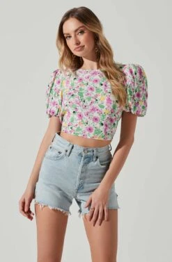 Floral Bubble Sleeve Tie Back Top -Astr The Label Shop AT17725 PINKGREENFLORAL 4
