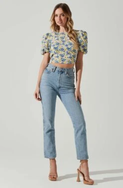 Floral Bubble Sleeve Tie Back Top -Astr The Label Shop AT17725 YELLOWBLUEFLORAL 2