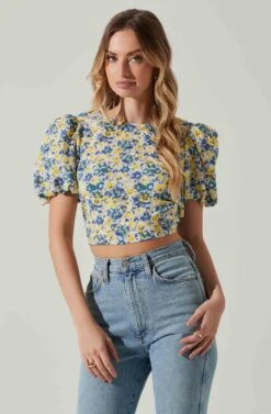 Floral Bubble Sleeve Tie Back Top -Astr The Label Shop AT17725 YELLOWBLUEFLORAL 3