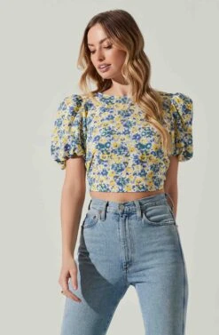 Floral Bubble Sleeve Tie Back Top -Astr The Label Shop AT17725 YELLOWBLUEFLORAL 4