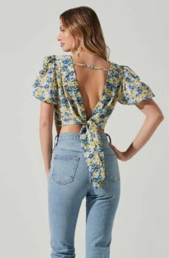 Floral Bubble Sleeve Tie Back Top -Astr The Label Shop AT17725 YELLOWBLUEFLORAL 5