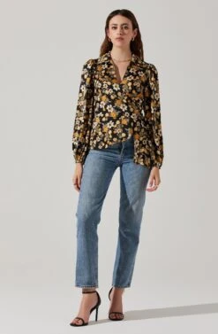 Asymmetrical Collared Floral Wrap Top -Astr The Label Shop AT17922 BLACKYELLOWFLORAL 1
