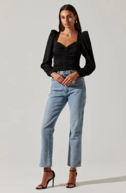 Long Sleeve Ruched Puff Sleeve Top -Astr The Label Shop AT17932YS BLACK 2