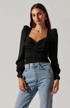 Long Sleeve Ruched Puff Sleeve Top -Astr The Label Shop AT17932YS BLACK 4
