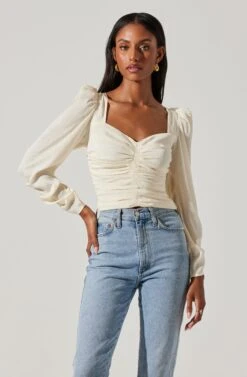 Long Sleeve Ruched Puff Sleeve Top -Astr The Label Shop AT17932YS CREAM 3