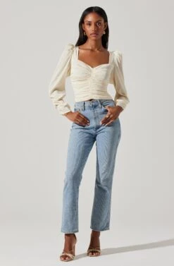 Long Sleeve Ruched Puff Sleeve Top -Astr The Label Shop AT17932YS CREAM 4