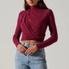 Asymmetrical Pleated Cutout Mock Neck Top -Astr The Label Shop AT17934 BERRY 4