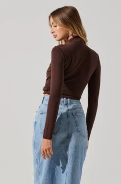 Asymmetrical Pleated Cutout Mock Neck Top -Astr The Label Shop AT17934 ESPRESSO 2