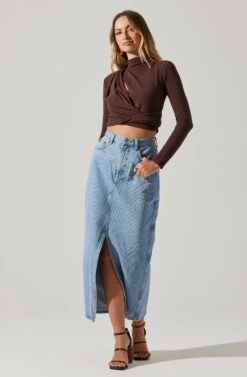 Asymmetrical Pleated Cutout Mock Neck Top -Astr The Label Shop AT17934 ESPRESSO 4