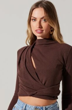 Asymmetrical Pleated Cutout Mock Neck Top -Astr The Label Shop AT17934 ESPRESSO 6